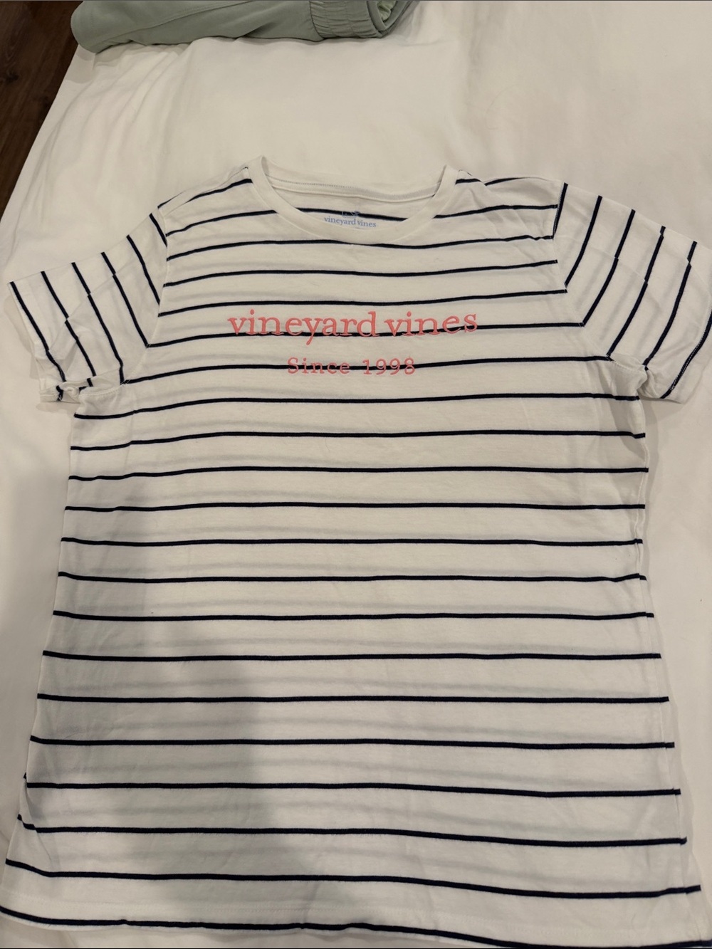 Vineyard Vines White Tee with Navy Stripes and Pink Logo